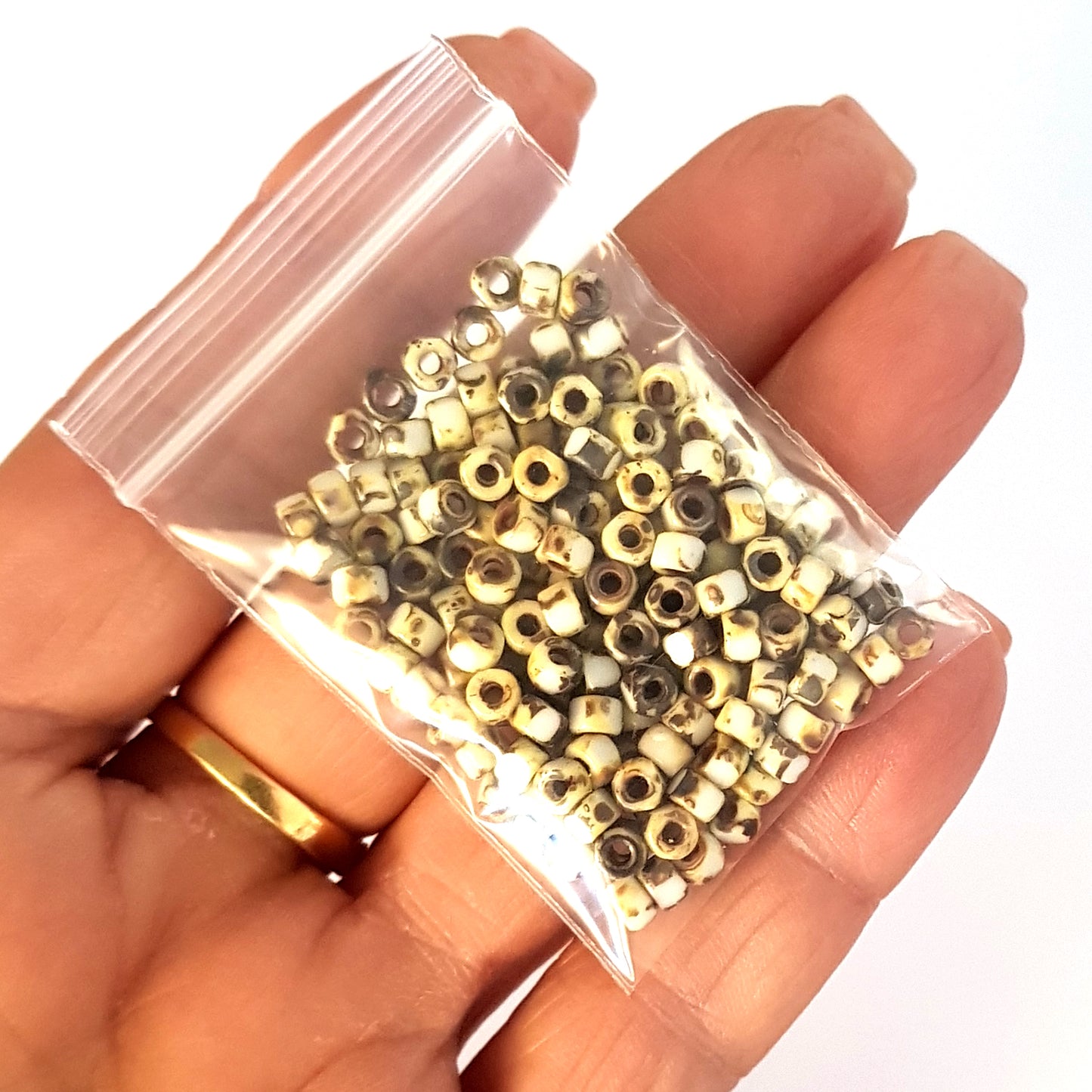 Matubo 2/0 3-Cut Seed Beads - White Picasso- 6mm Round Beads -Kalitheo