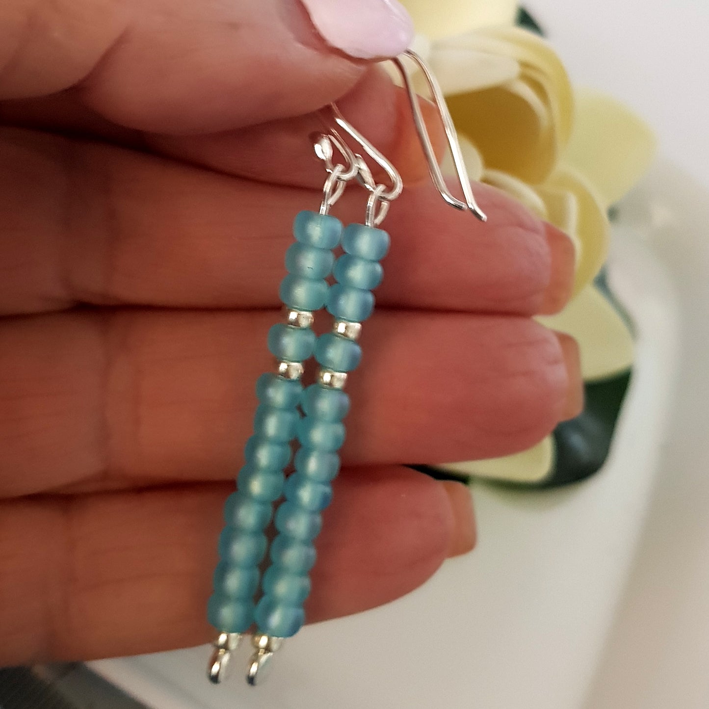 Handmade Baby Blue Long Beaded Earrings – Sterling Silver Argentium 940