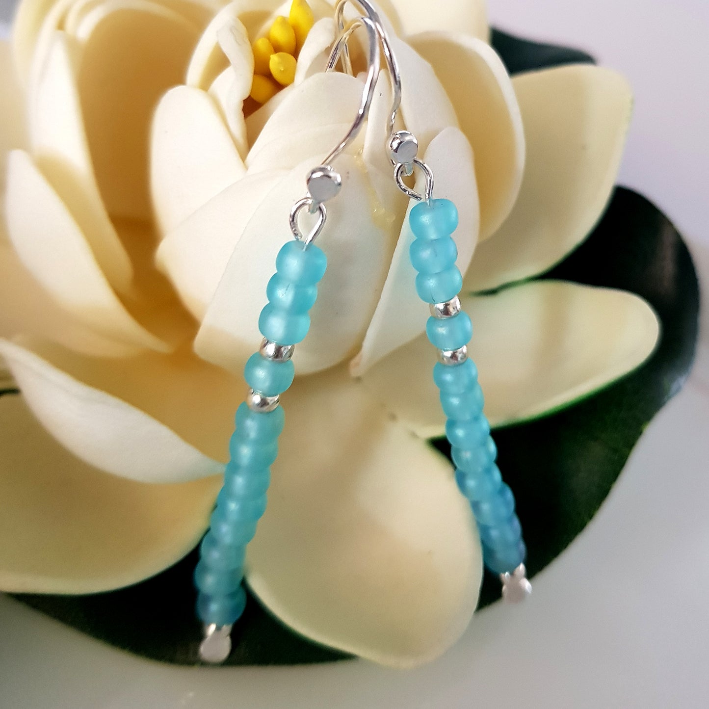 Handmade Baby Blue Long Beaded Earrings – Sterling Silver Argentium 940