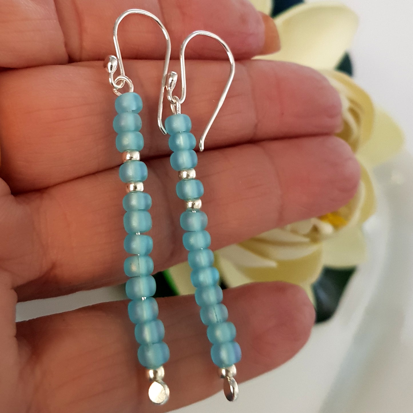 Handmade Baby Blue Long Beaded Earrings – Sterling Silver Argentium 940