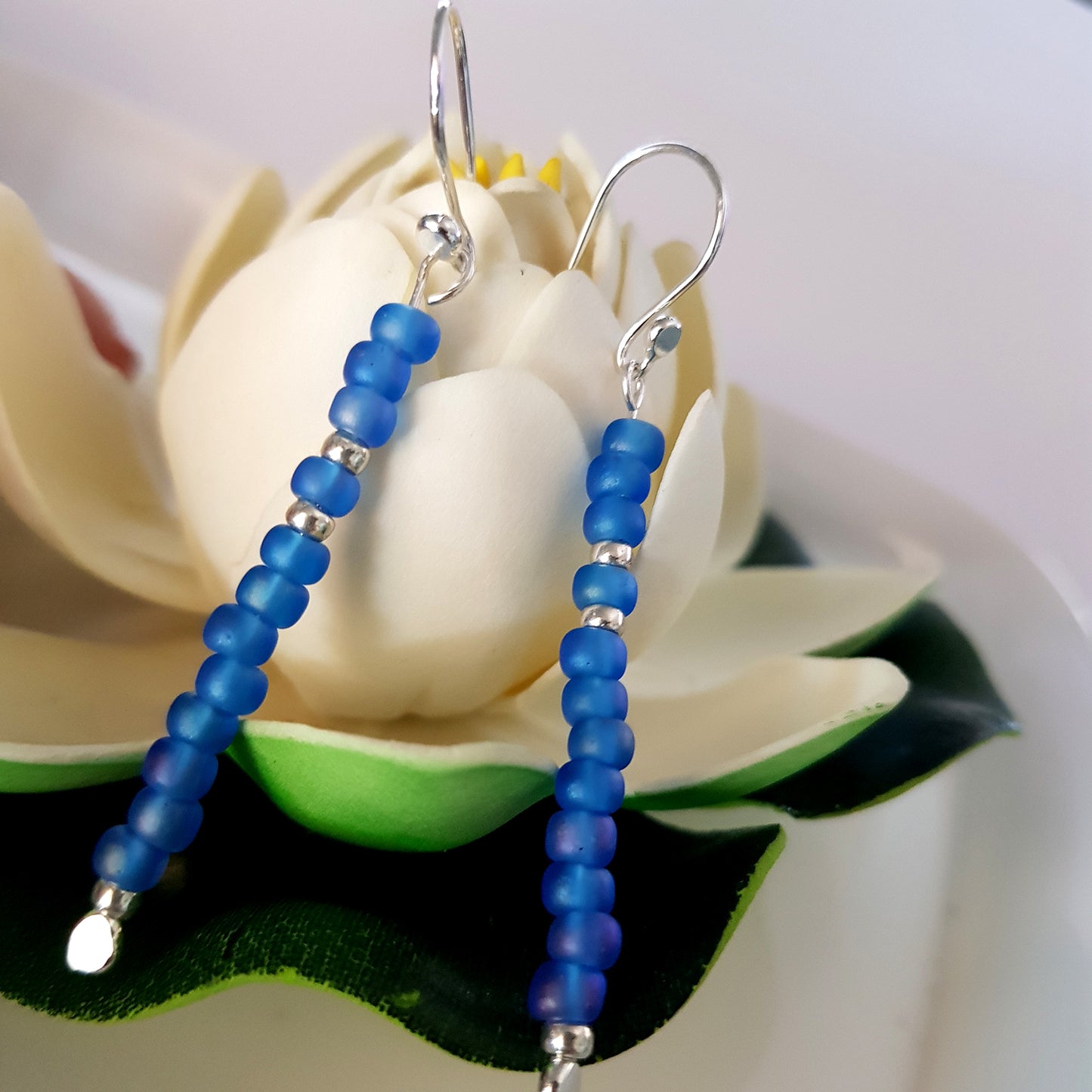 Handmade Blue Long Beaded Earrings – Sterling Silver Argentium 940
