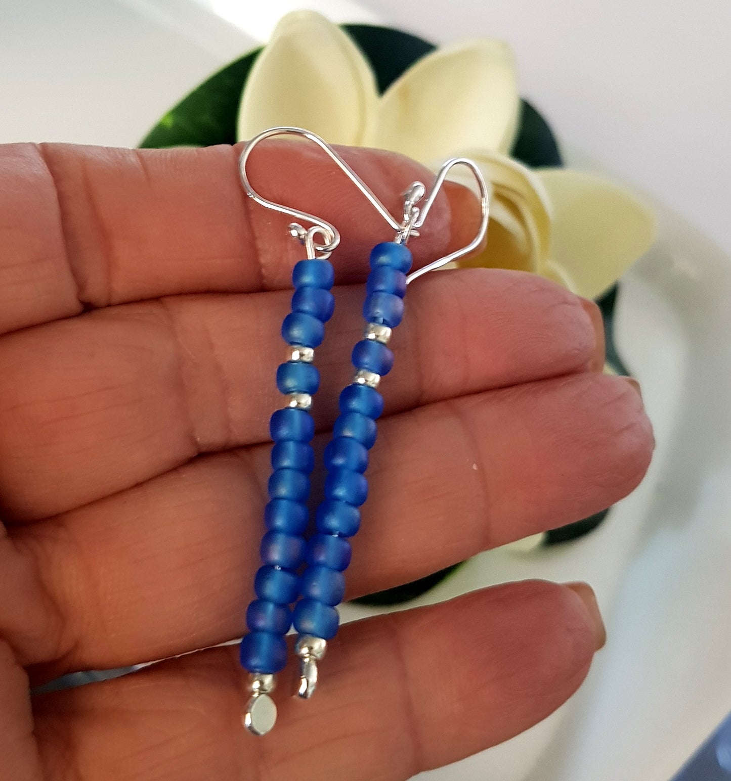Handmade Blue Long Beaded Earrings – Sterling Silver Argentium 940