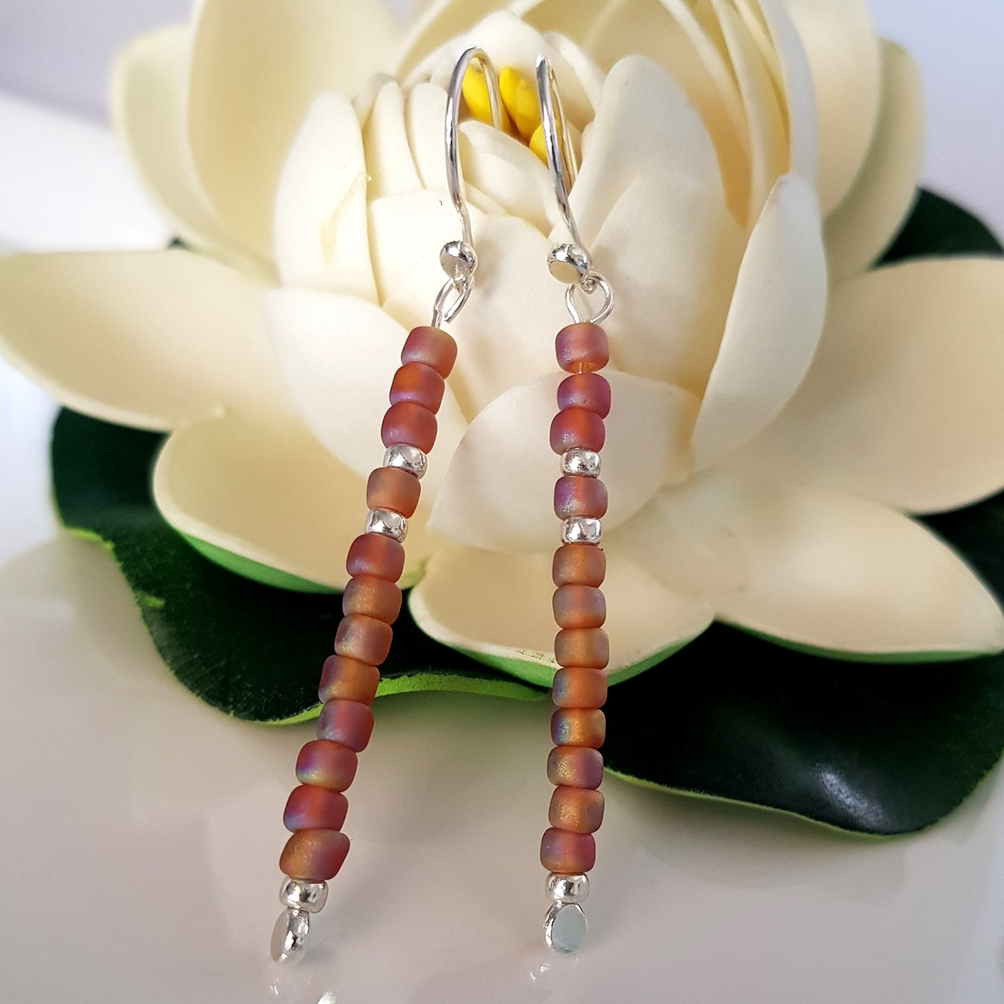 Handmade Reddish Brown Long Beaded Earrings – Sterling Silver Argentium 940