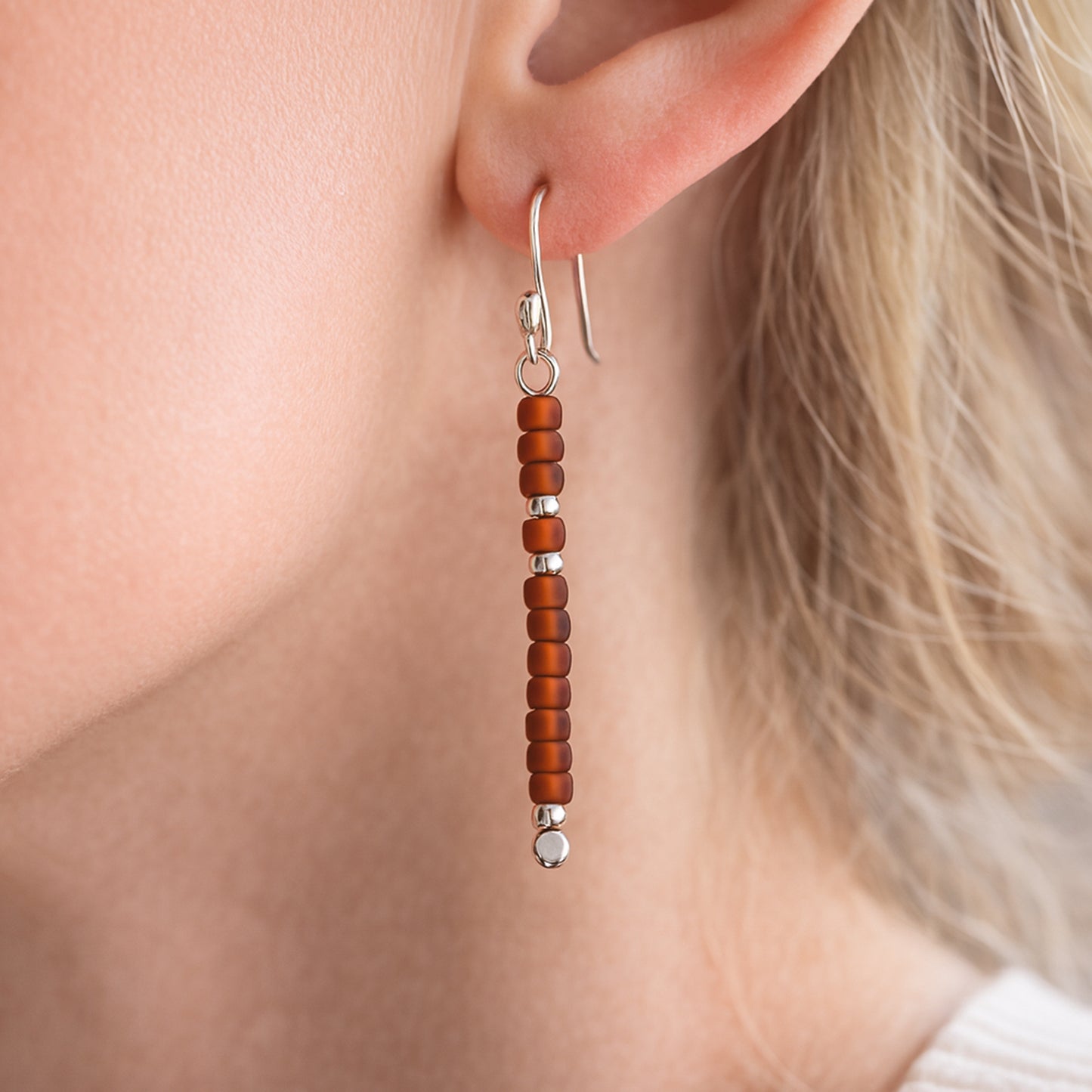 Handmade Reddish Brown Long Beaded Earrings – Sterling Silver Argentium 940