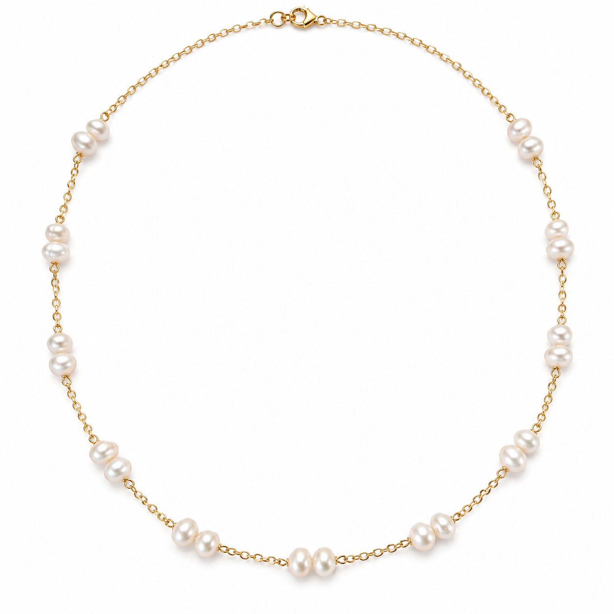 Handmade gold filled freshwater pearl necklace 45cm, individually wire-wrapped pearls on delicate oval-link cable chain with lobster clasp
