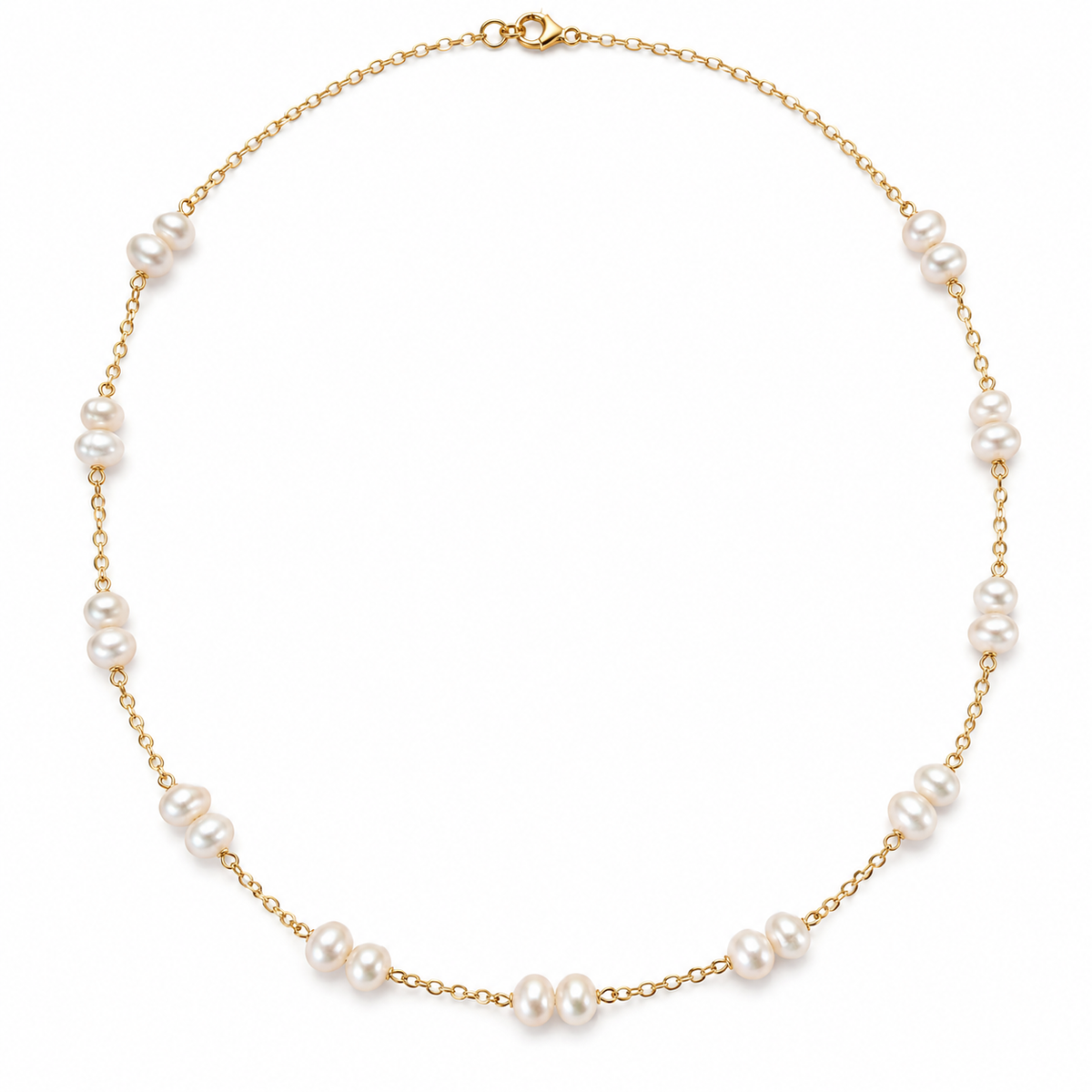 Handmade gold filled freshwater pearl necklace 45cm, individually wire-wrapped pearls on delicate oval-link cable chain with lobster clasp