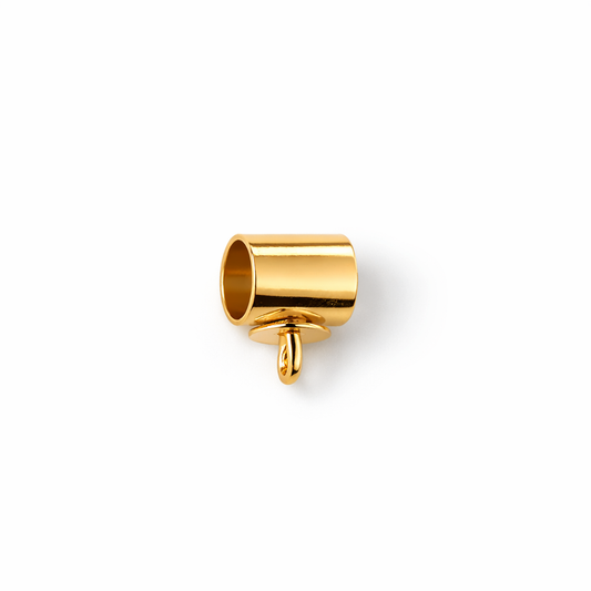 Gold cylindrical pendant with pearl cup on a white background