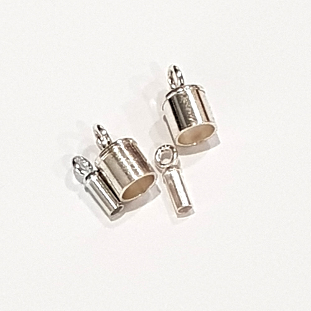 Sterling silver tube end caps in two sizes shown side by side on a white background, featuring a cylindrical barrel body with a small loop bail at the top