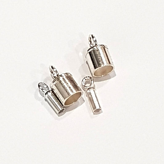 Sterling silver tube end caps in two sizes shown side by side on a white background, featuring a cylindrical barrel body with a small loop bail at the top