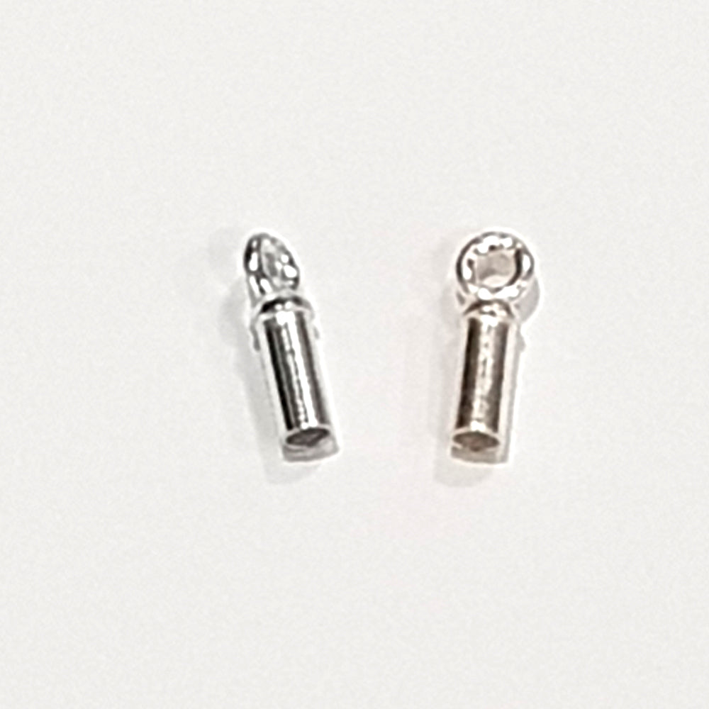 Two sterling silver narrow tube end caps standing upright on a white background, showing the slim cylindrical body and loop bail from the side and top