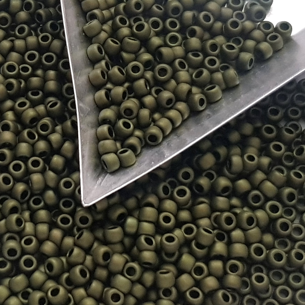 triangle scoop close up dark olive matte beads.