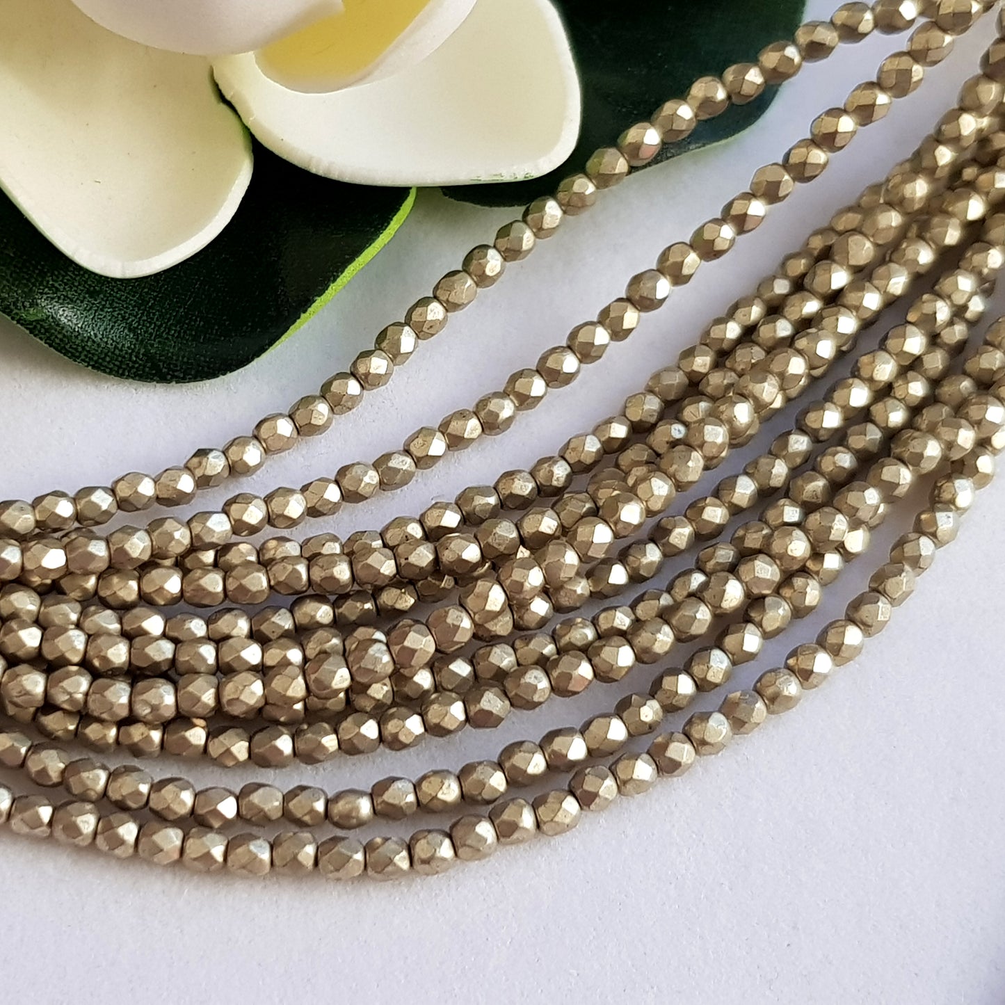 Czech Fire Polished 50 Bead Strand - Suede Gold Cloud Dream 3mm Round Faceted  |  FP-08A05-CB-03 | Beading Supply
