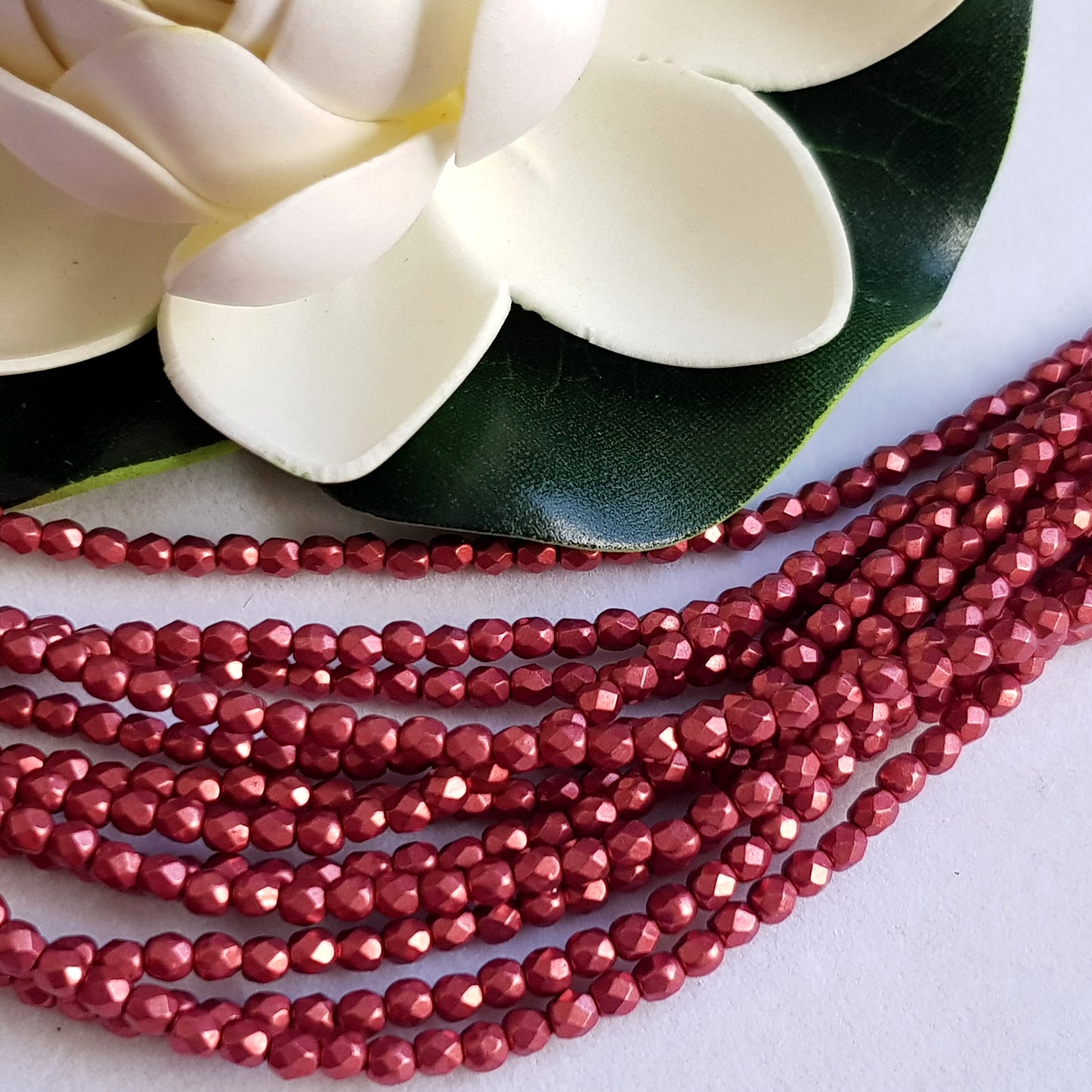 Czech Fire Polished 50 Bead Strand - Suede Gold Samba Red 3mm Round Faceted  |  FP-08A07-CB-03 | Beading Supply