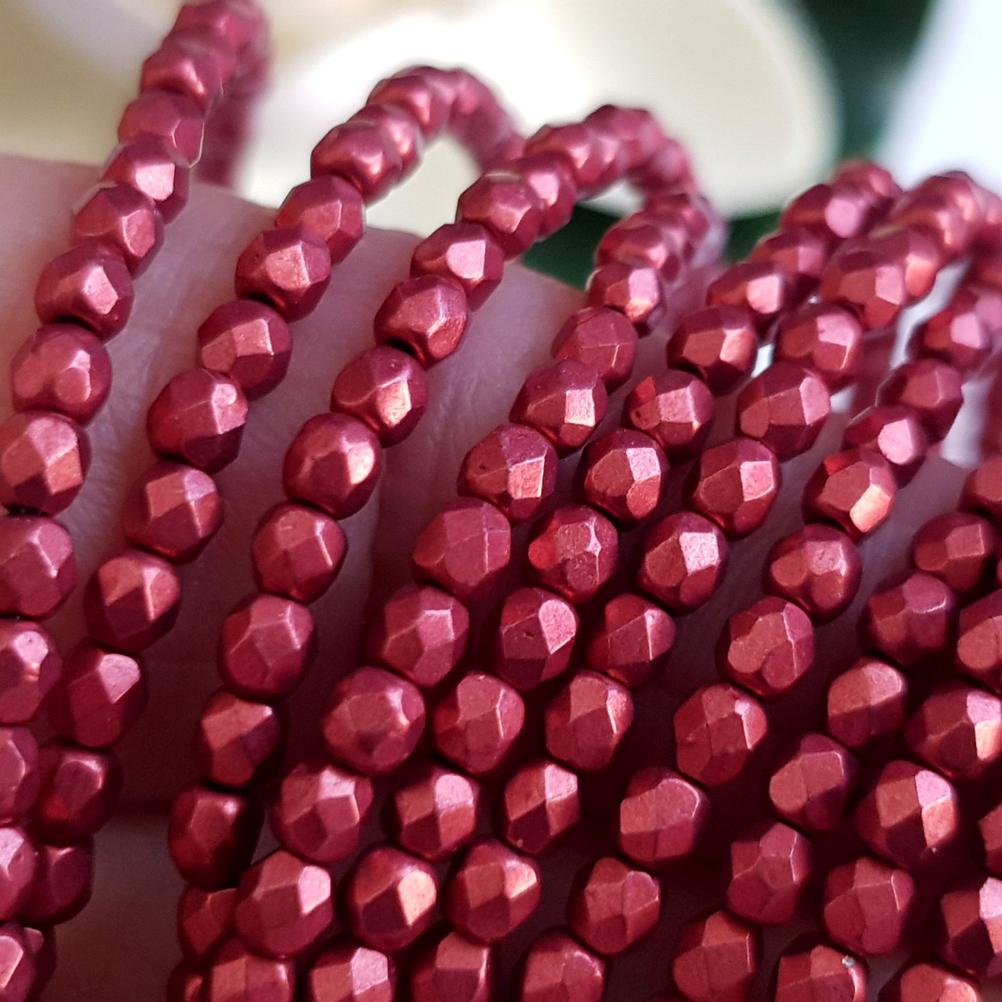 Czech Fire Polished 50 Bead Strand - Suede Gold Samba Red 3mm Round Faceted  |  FP-08A07-CB-03 | Beading Supply
