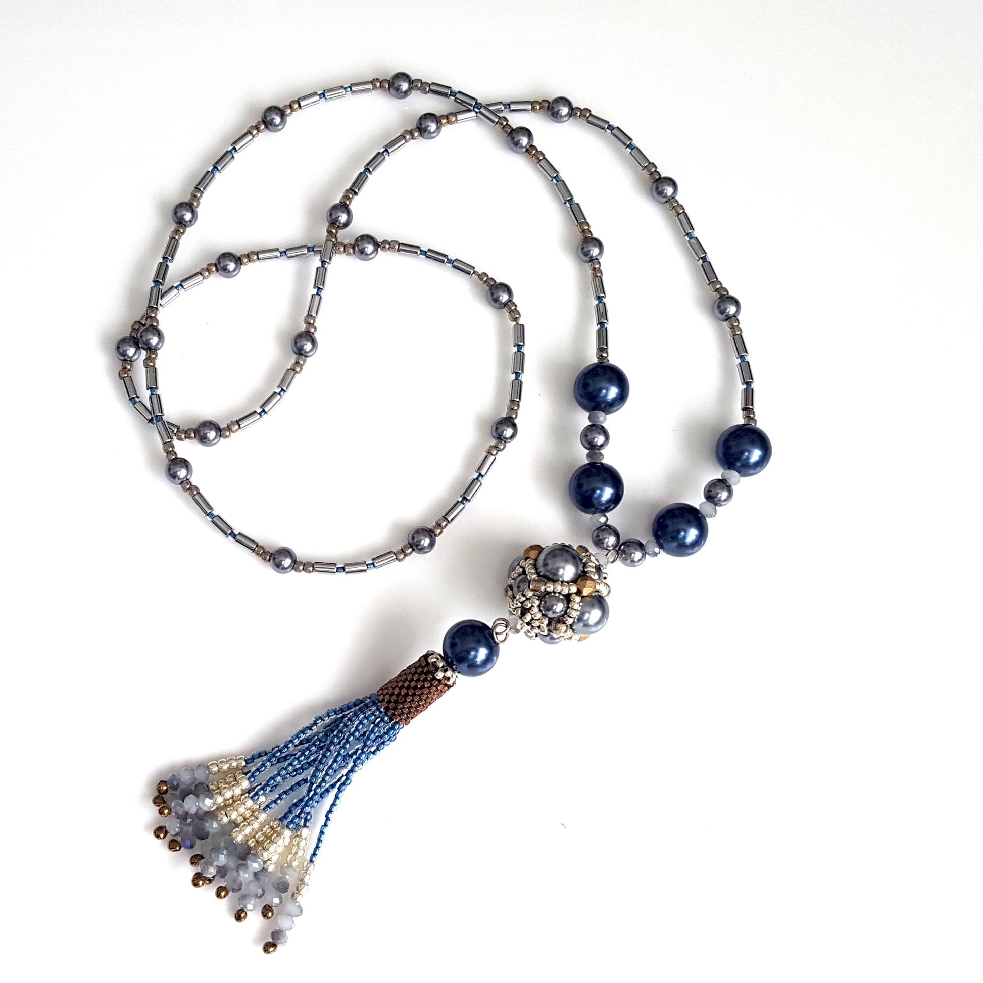 The Enchanted Ball Necklace - Blue Beaded Tassel Statement Necklace | (KJ-390N/BLU ) Artisan Necklace - Kalitheo 