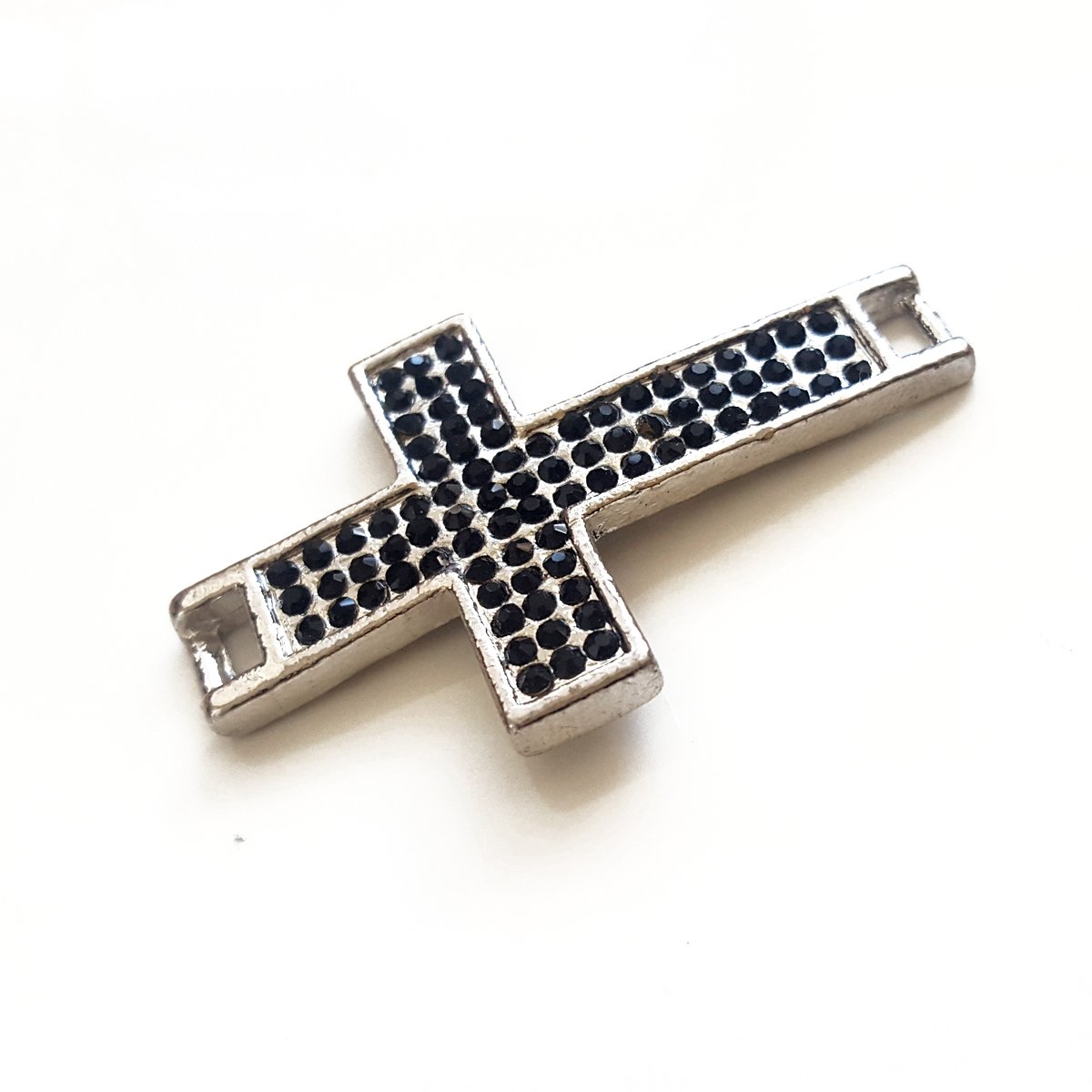 Base Metal Cross Connector in Silver with Black Diamante | BM-005 | Jewellery Supply - Kalitheo Jewellery