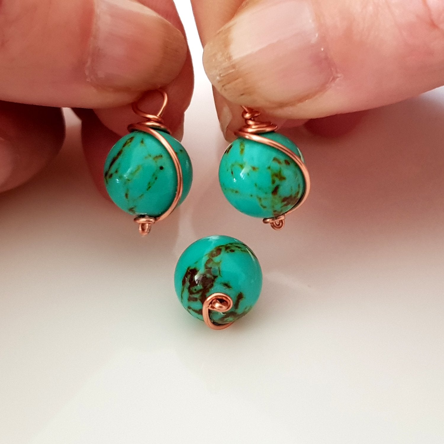 Blue Turquoise Copper Wrapped Dyed Stone 12 mm Drop/Dangle | WC-001D | Jewellery Making Supply - Kalitheo Jewellery