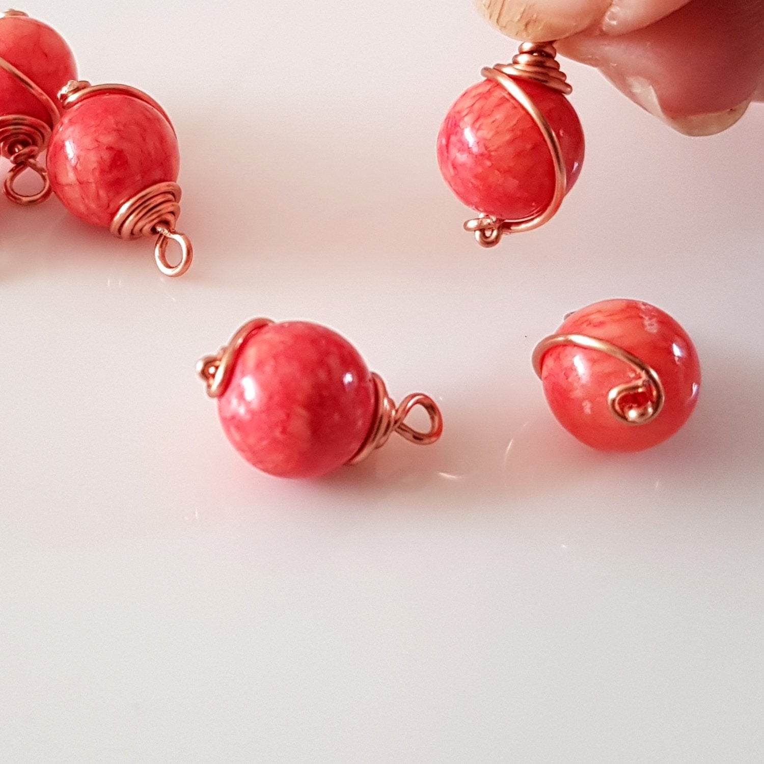 Copper Wire Wrapped Peach Dyed Stone 10 mm | WC-004D | Jewellery Making Supply - Kalitheo Jewellery