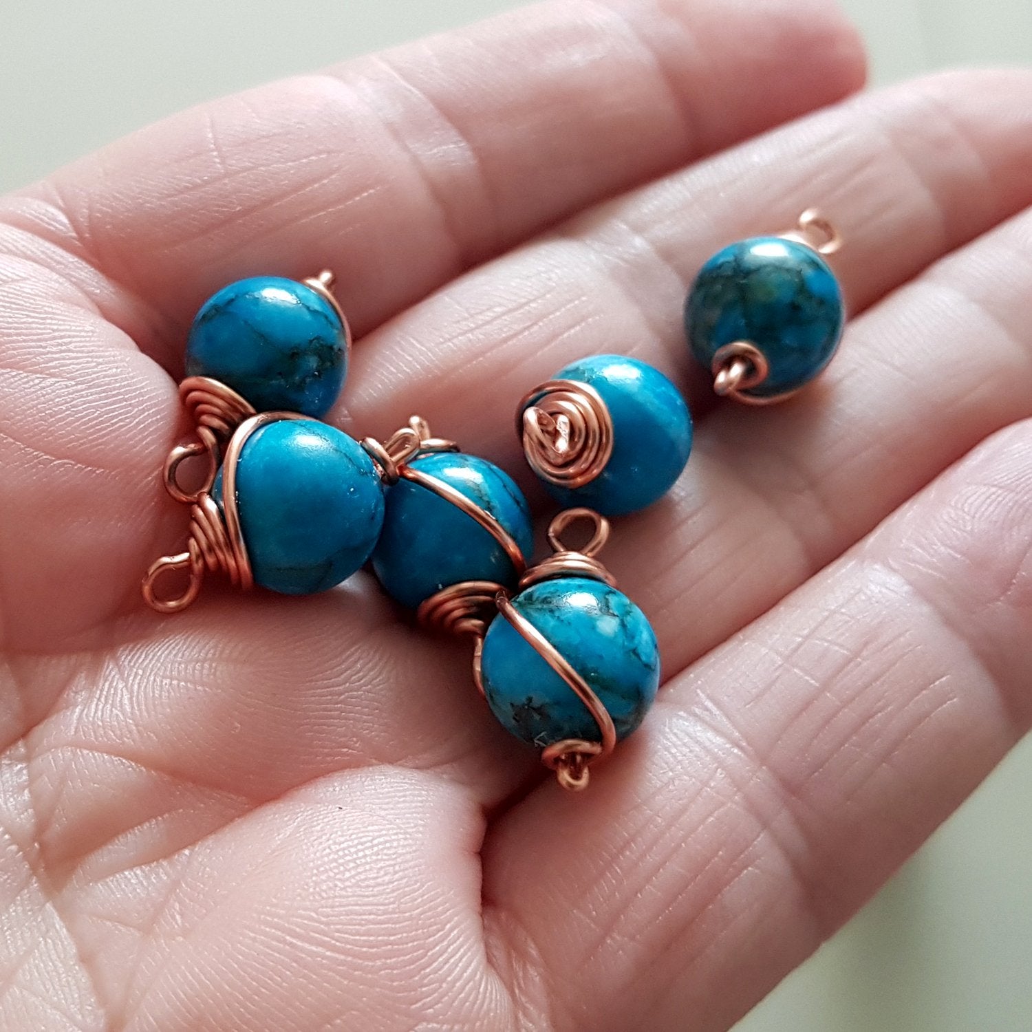 Copper Wire Wrapped Blue Dyed Stone 10 mm - Drop - Dangle | WC-003D | Jewellery Making Supply - Kalitheo Jewellery