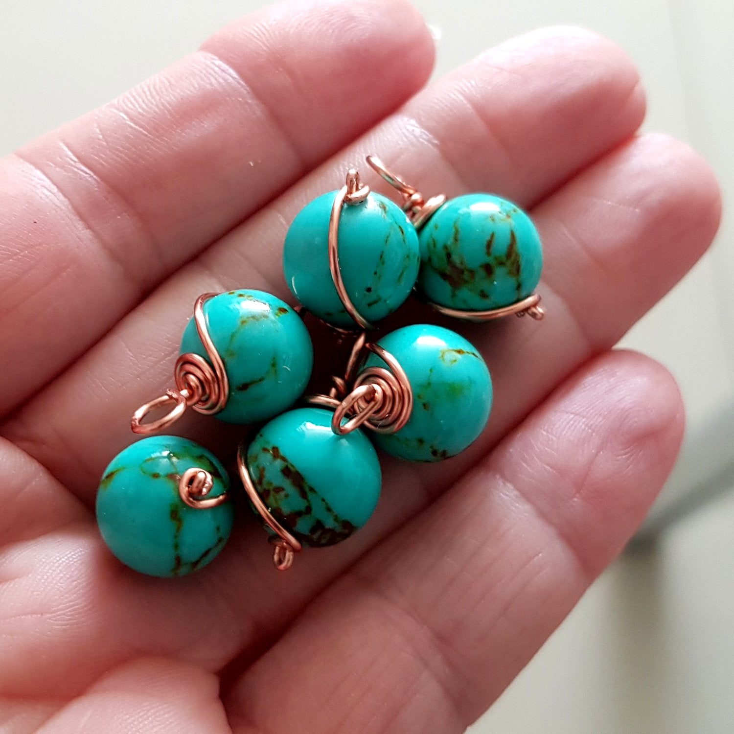 Blue Turquoise Copper Wrapped Dyed Stone 12 mm Drop/Dangle | WC-001D | Jewellery Making Supply - Kalitheo Jewellery