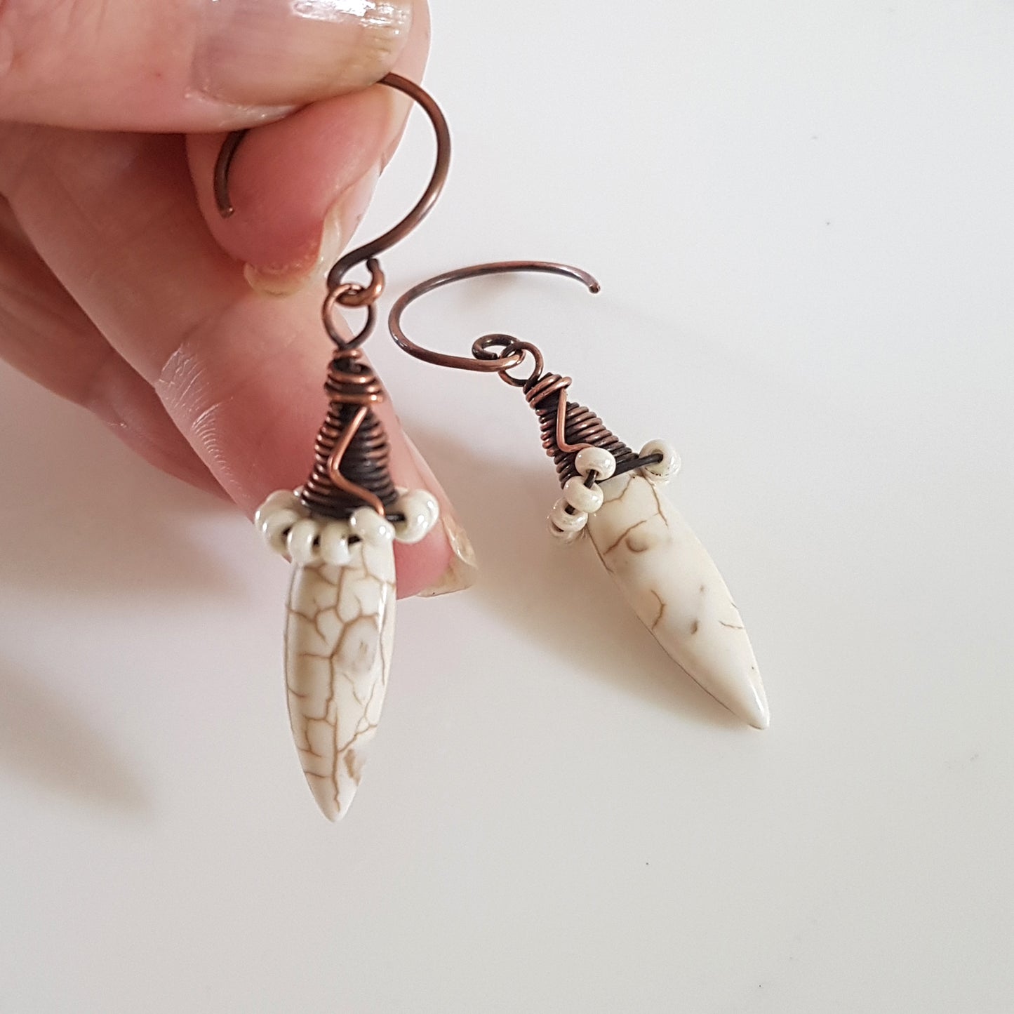 White Howlite Spike Earrings | (KJ-395E | Artisan Earrings - Kalitheo Jewellery