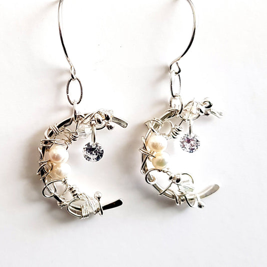 Crescent Moon Silver 925 & Freshwater Pear Artisan Earrings | Kalitheo