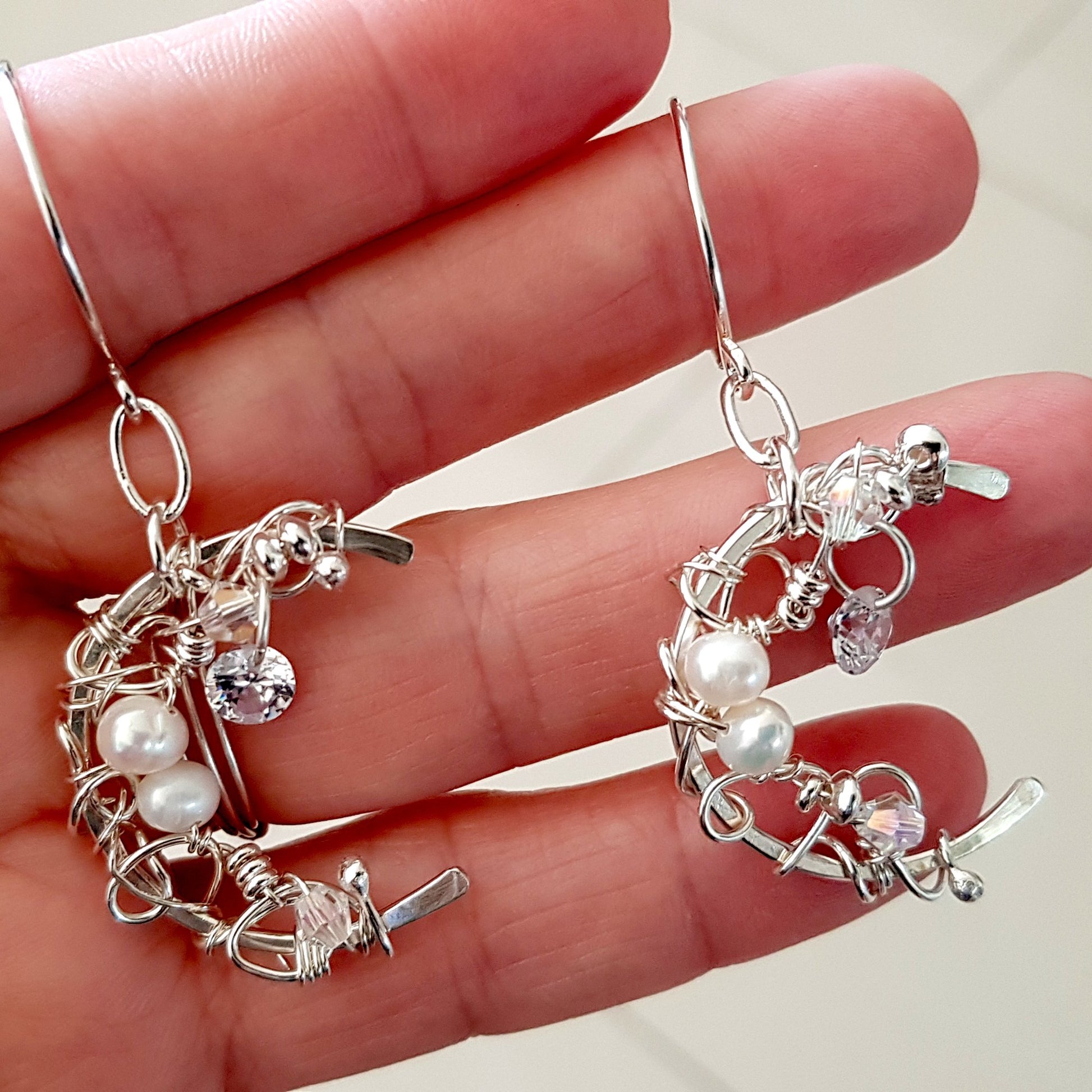 Silver 925 Wire Wrapped Crescent Moon Artisan Earrings | Kalitheo
