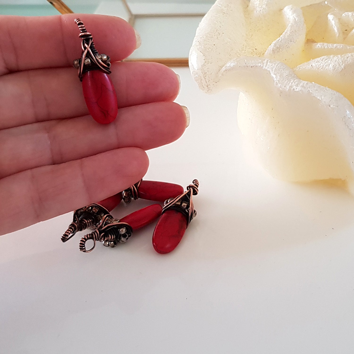 Red Howlite Wrapped Teardrop Handmade Drop Bead | WC-007D | Jewellery Supply - Kalitheo Jewellery