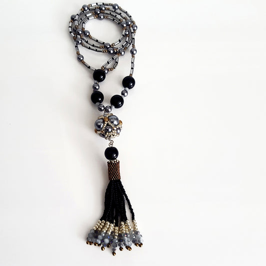 The Enchanted Ball Necklace - Black Beaded Tassel  Statement Necklace | (KJ-390N/BLK ) Handmade Necklace - Kalitheo Jewellery