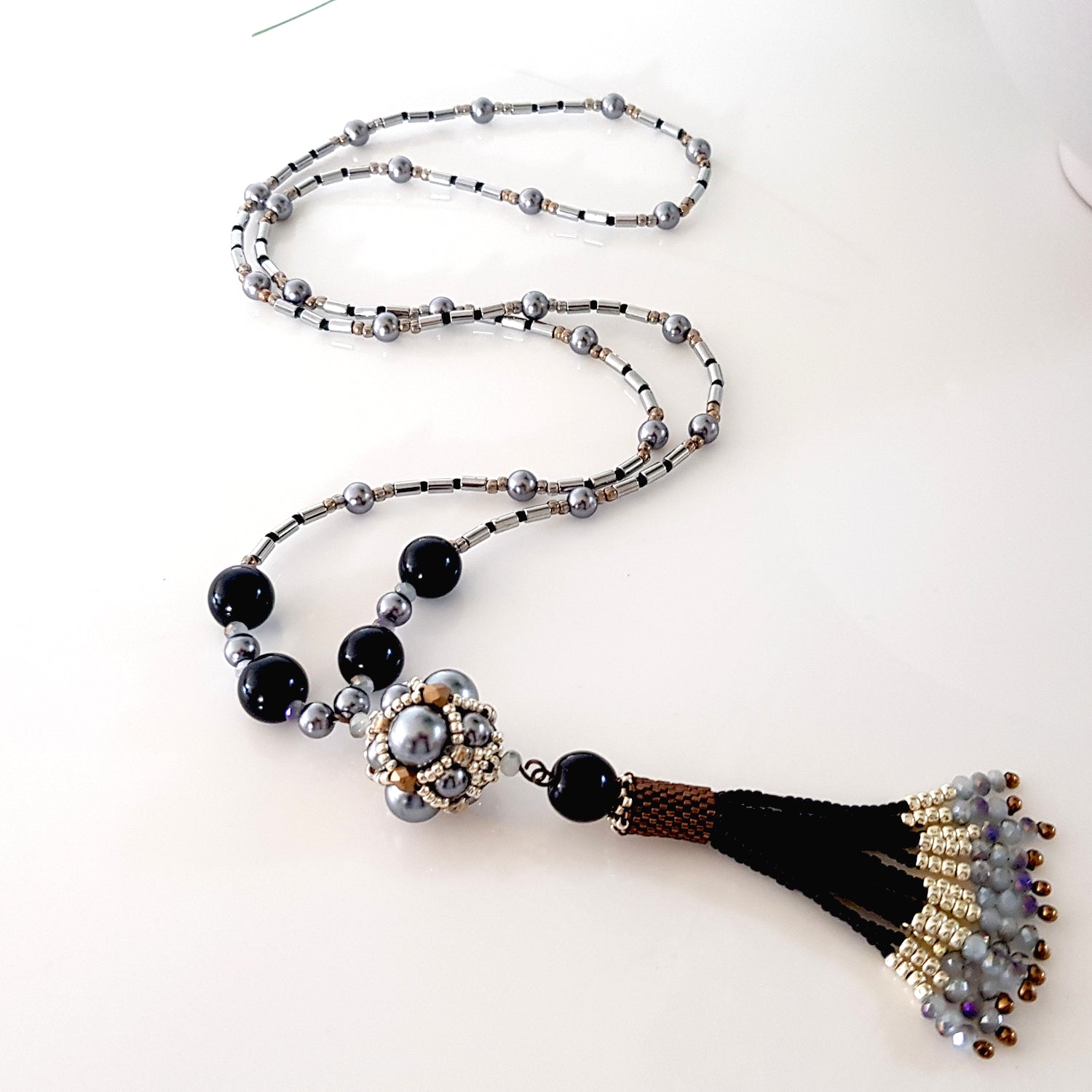 The Enchanted Ball Necklace - Black Beaded Tassel  Statement Necklace | (KJ-390N/BLK ) Handmade Necklace - Kalitheo Jewellery