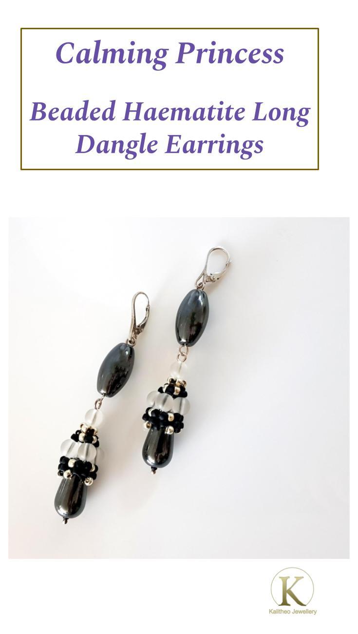 Calming Princess Earrings - Beaded Cap Haematite Long Dangle | KJ-371E | Handmade Earrings - Kalitheo Jewellery