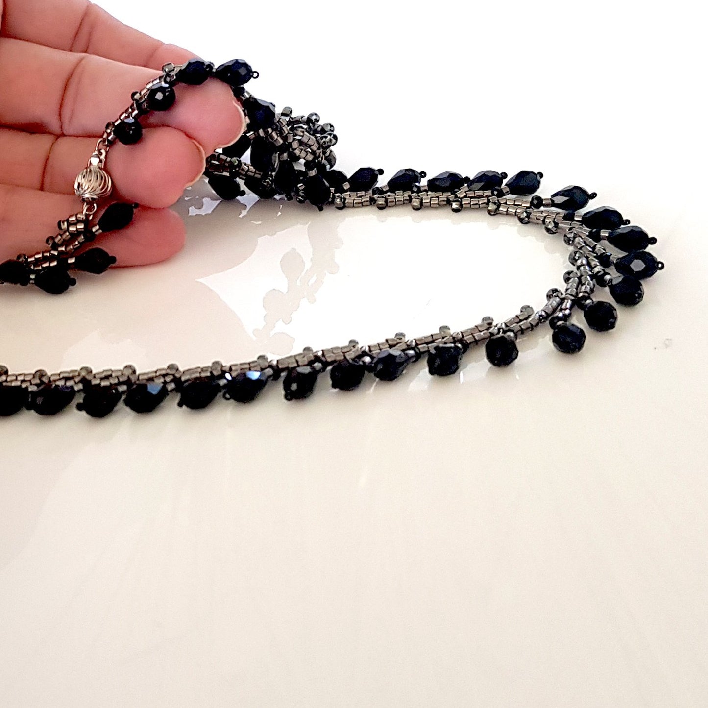 Classic Teardrop Beauty - Black Teardrop Fringe Silver Necklace | (KJ-399N) Handmade Necklace - Kalitheo Jewellery