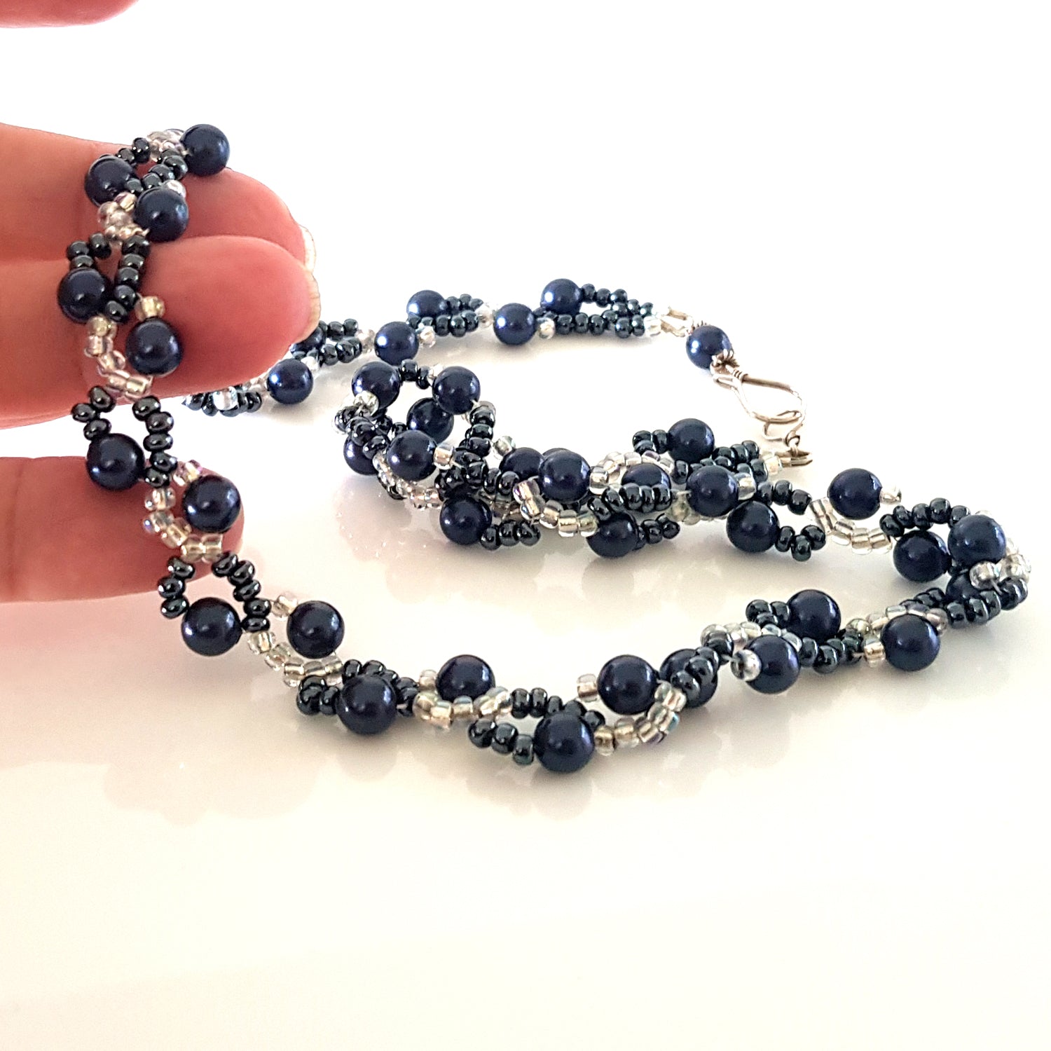 Dancing Clouds - Swarovski Dark Blue Pearl Beaded Necklace | (KJ-378N) Handmade Designer Necklace - Kalitheo Jewellery