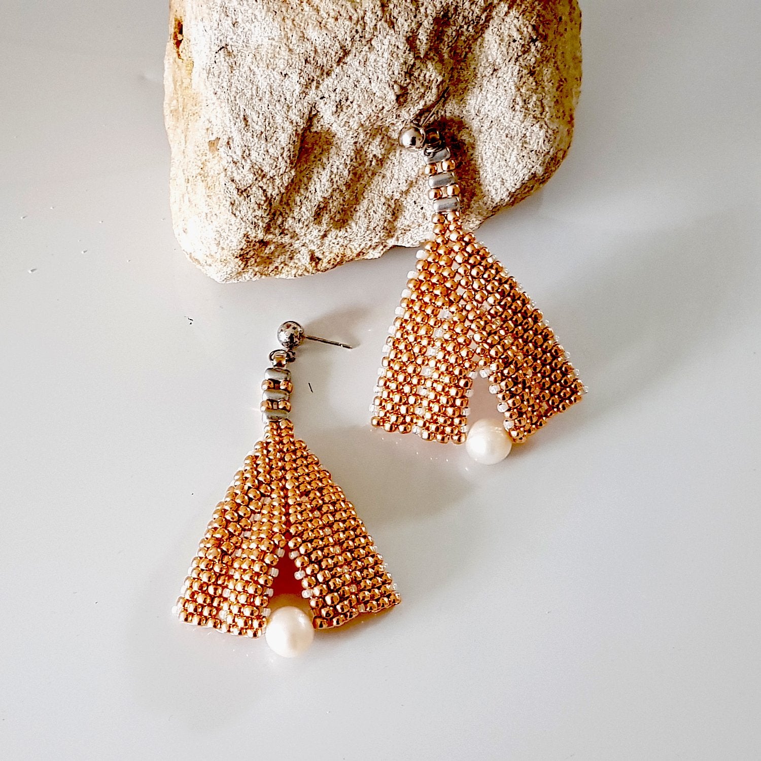Goddess Leaf Earrings - Rose Gold Beaded | KJ-386E/RG | Designer Artisan Earrings - Kalitheo Jewellery