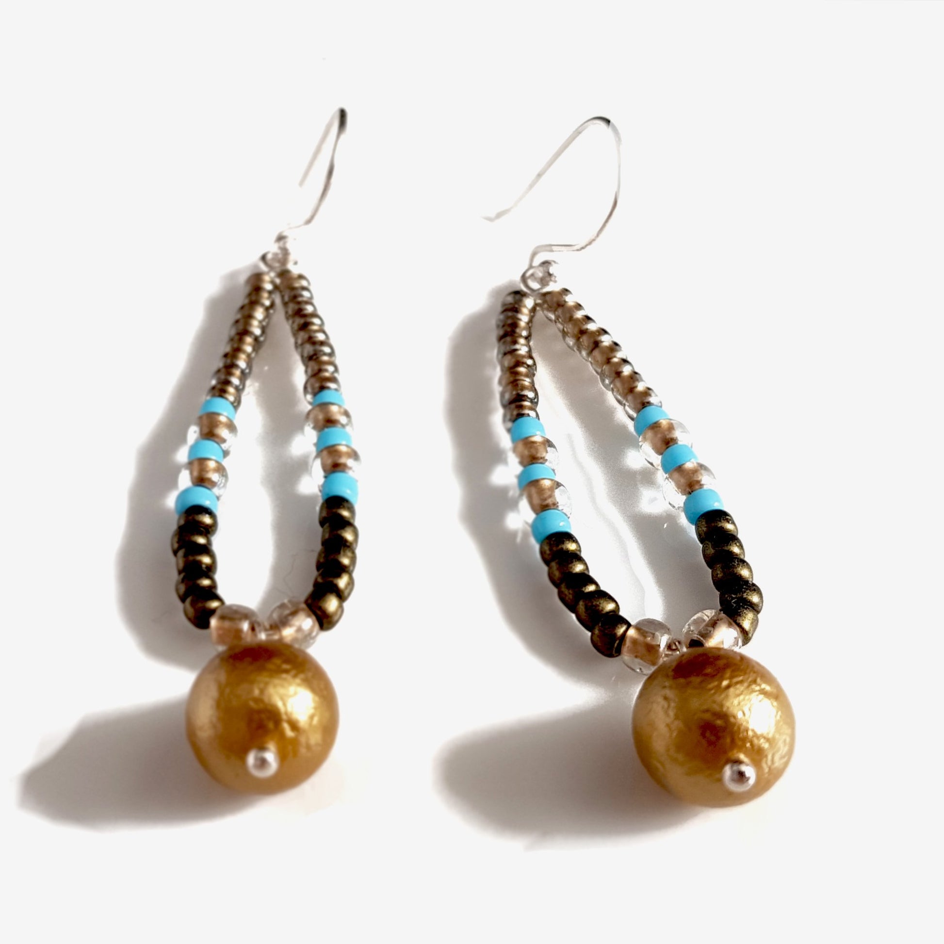 Gold Pearl Dangle  Hoop Earrings | KJ-412EG | Artisan Earrings - Kalitheo Jewellery