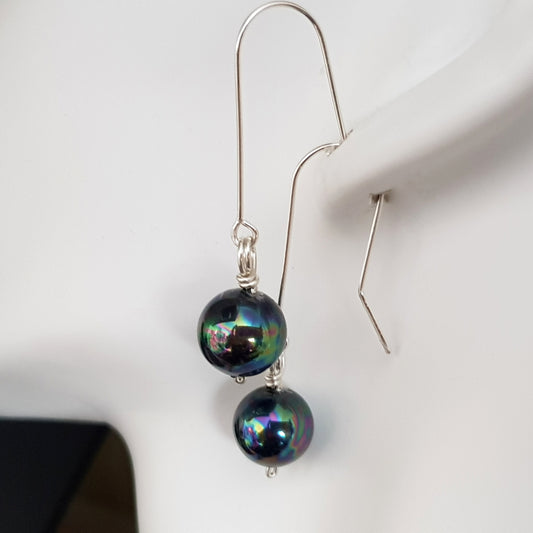 Deep Blue-Green Pearl Dangle Earrings