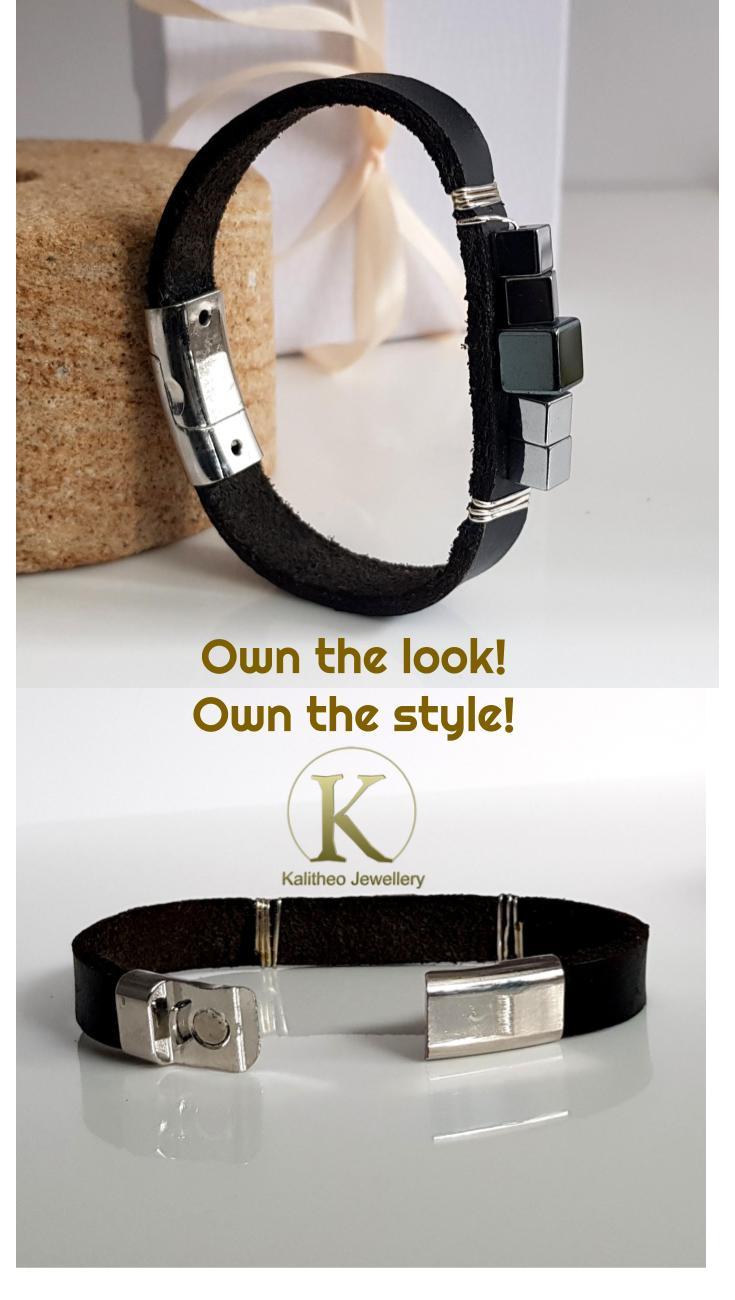 Black Leather Band with Haematite wrapped Mens Bracelet | KJ-287B | Unisex Jewellery - Kalitheo Jewellery