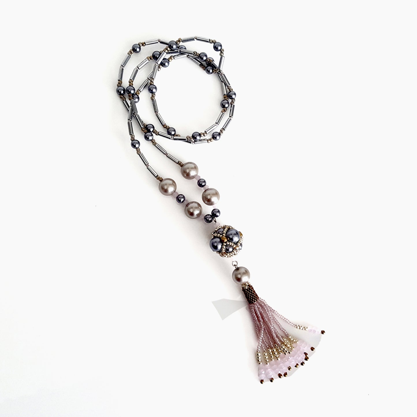 The Enchanted Ball - Pink Beaded Tassel Statement Necklace | KJ-390/PIN Handmade Necklace - Kalitheo Jewellery