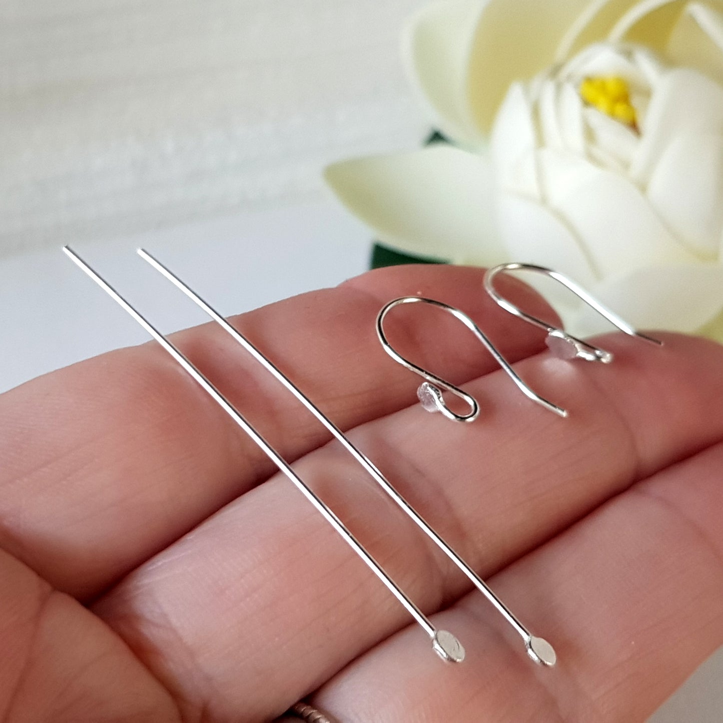 Ear Hooks & Headpin Set [1 Pair] Flat Ball Solid Sterling Silver | SS-029fEHset | Earring Making Supply