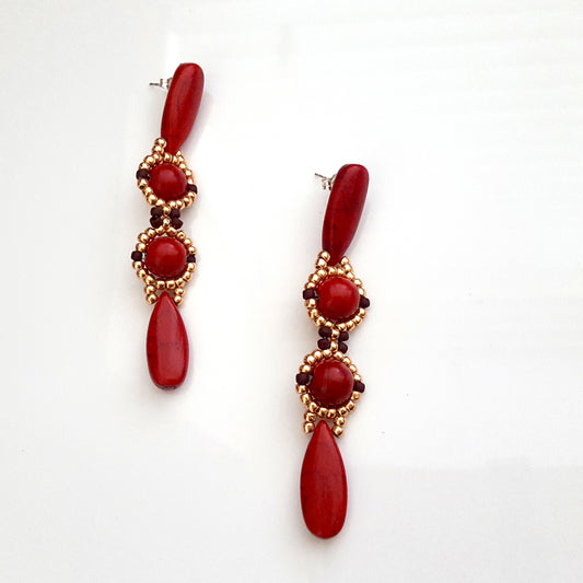 KTC-392R Red Howlite Long Dangle Statement Earrings - Free Shipping - Kalitheo Jewellery