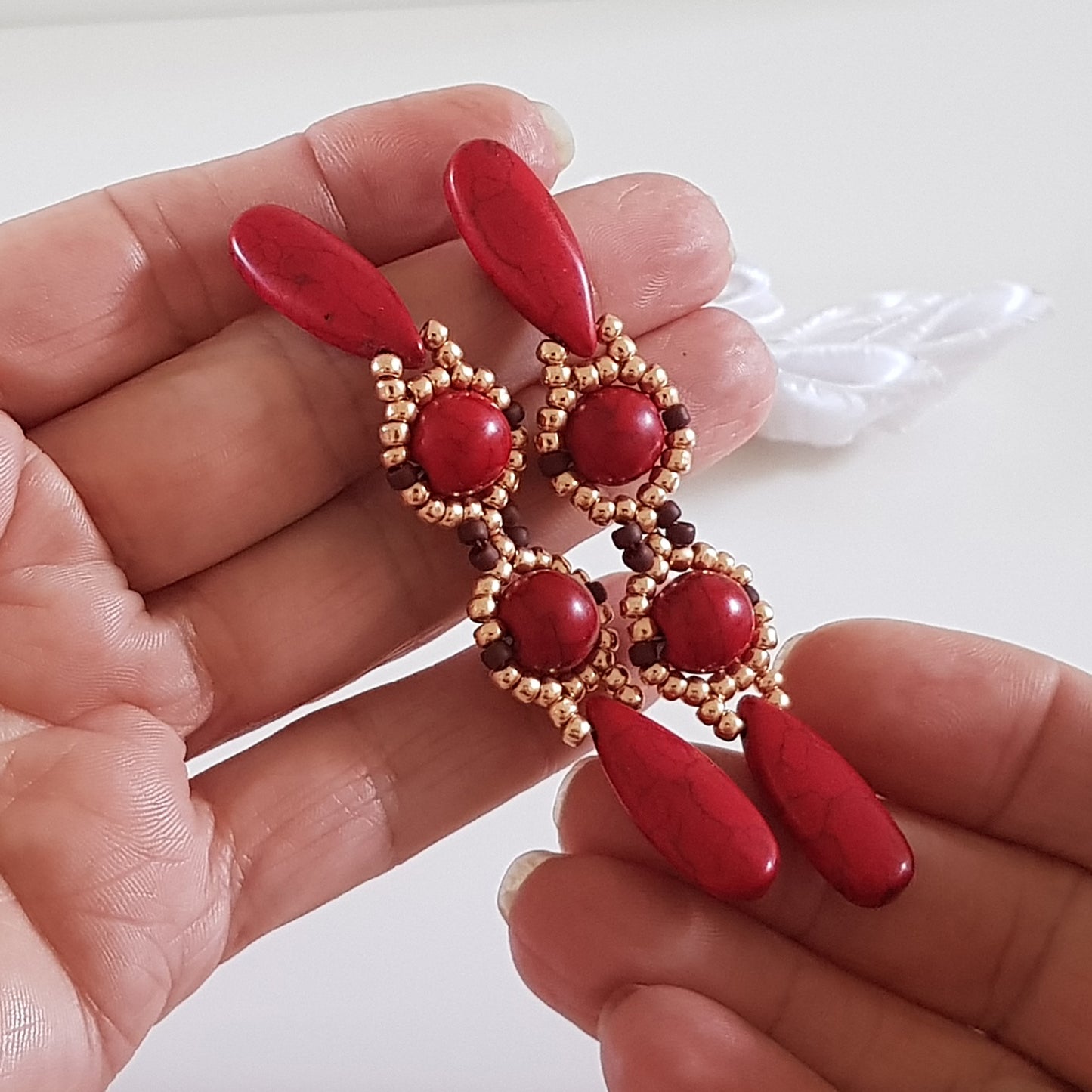 Red or White Statement Beaded Earrings | (KJ-392E) Handmade Earrings - Kalitheo Jewellery