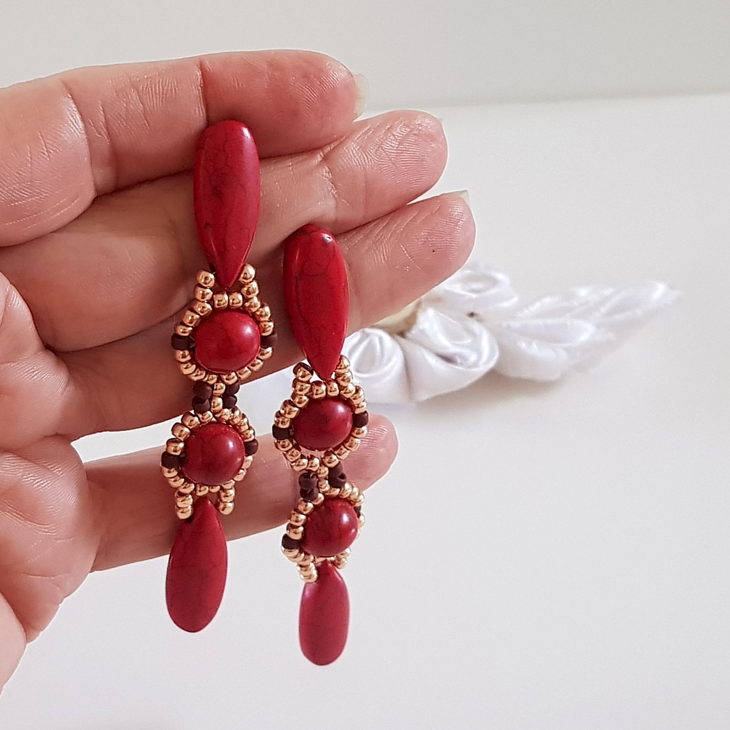 KTC-392R Red Howlite Long Dangle Statement Earrings - Free Shipping - Kalitheo Jewellery