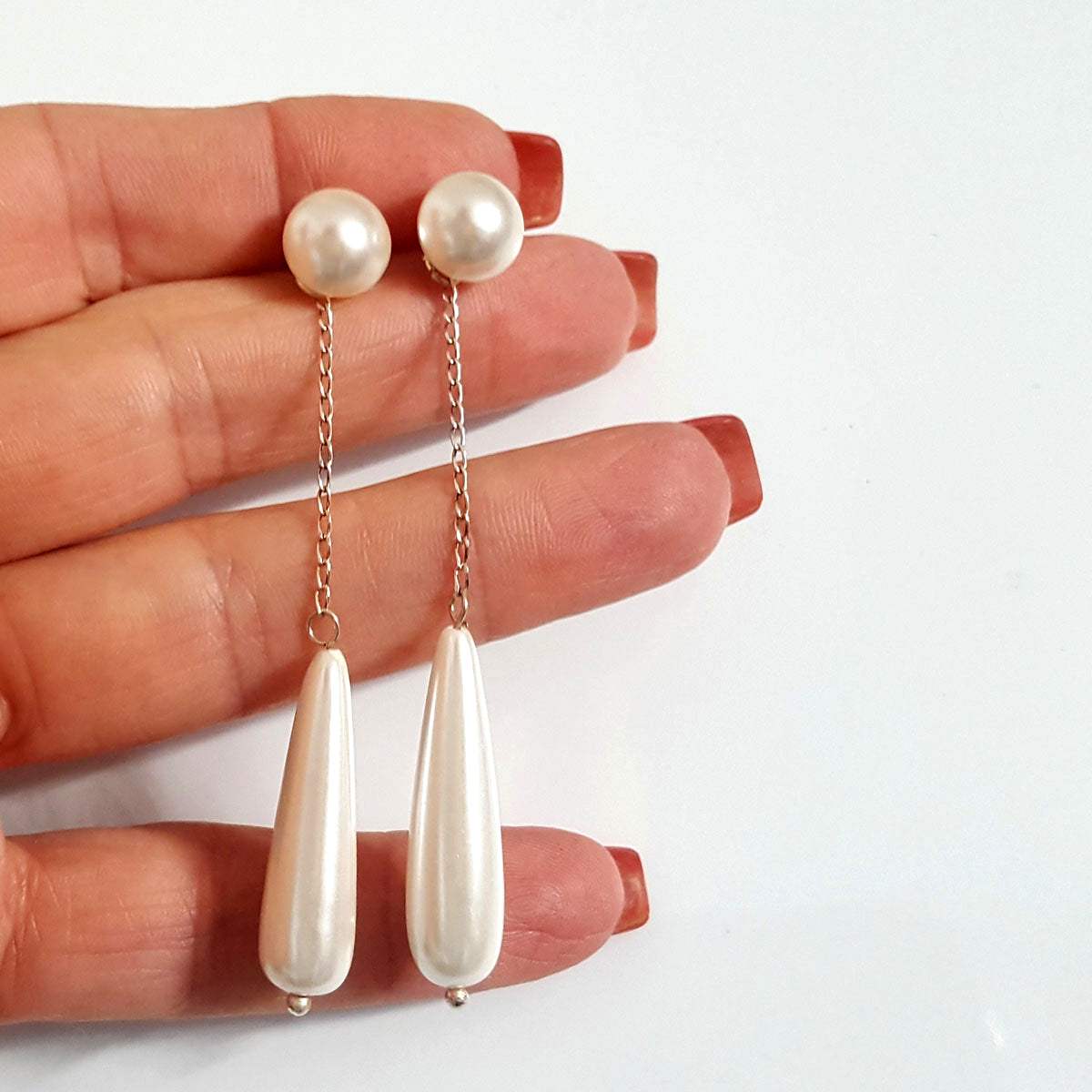 White Shimmer -  Swarovski Pearl Studs & Shell Pearl 2-Way Long Dangle | KJ-389E Handmade Earrings - Kalitheo Jewellery