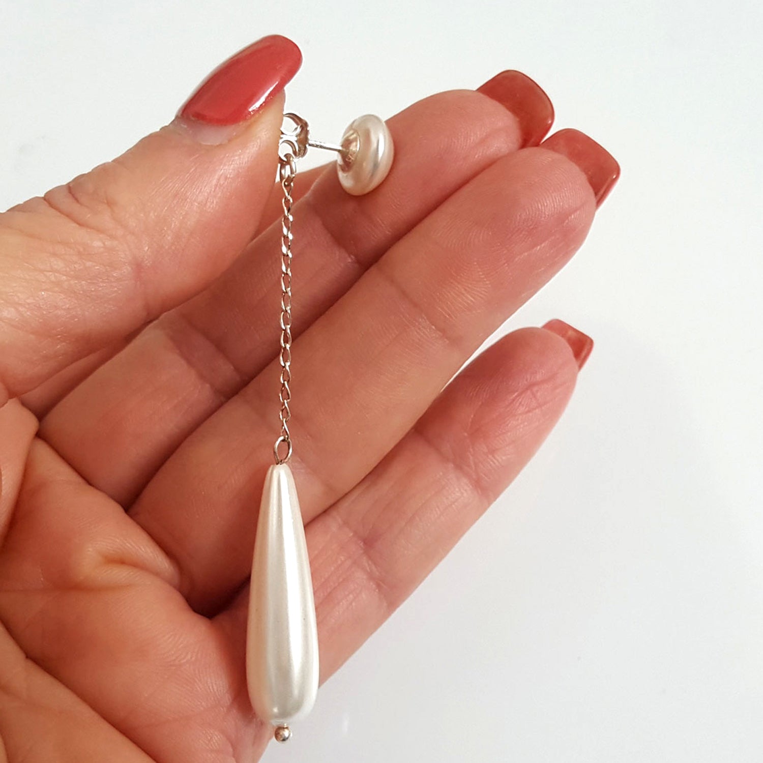 White Shimmer -  Swarovski Pearl Studs & Shell Pearl 2-Way Long Dangle | KJ-389E Handmade Earrings - Kalitheo Jewellery