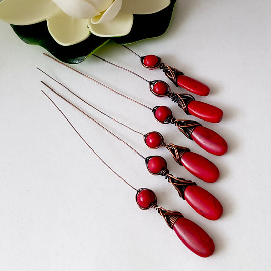 Wire wrapped headpins red howlite | Kalitheo Findings