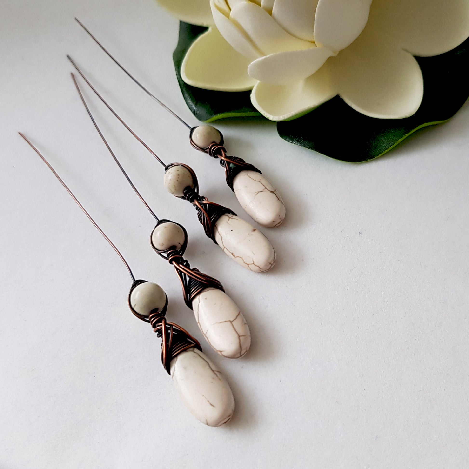 Wire wrapped white howlite headpins | Kalitheo Findings