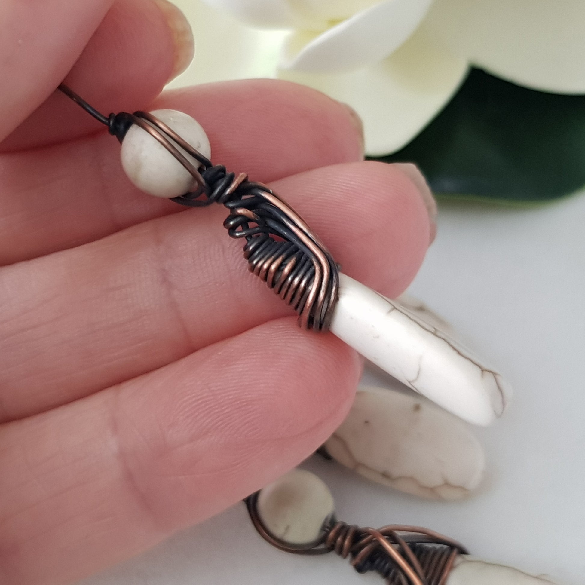 Close up wire-wrapped white howlite headpin | Kalitheo Findings