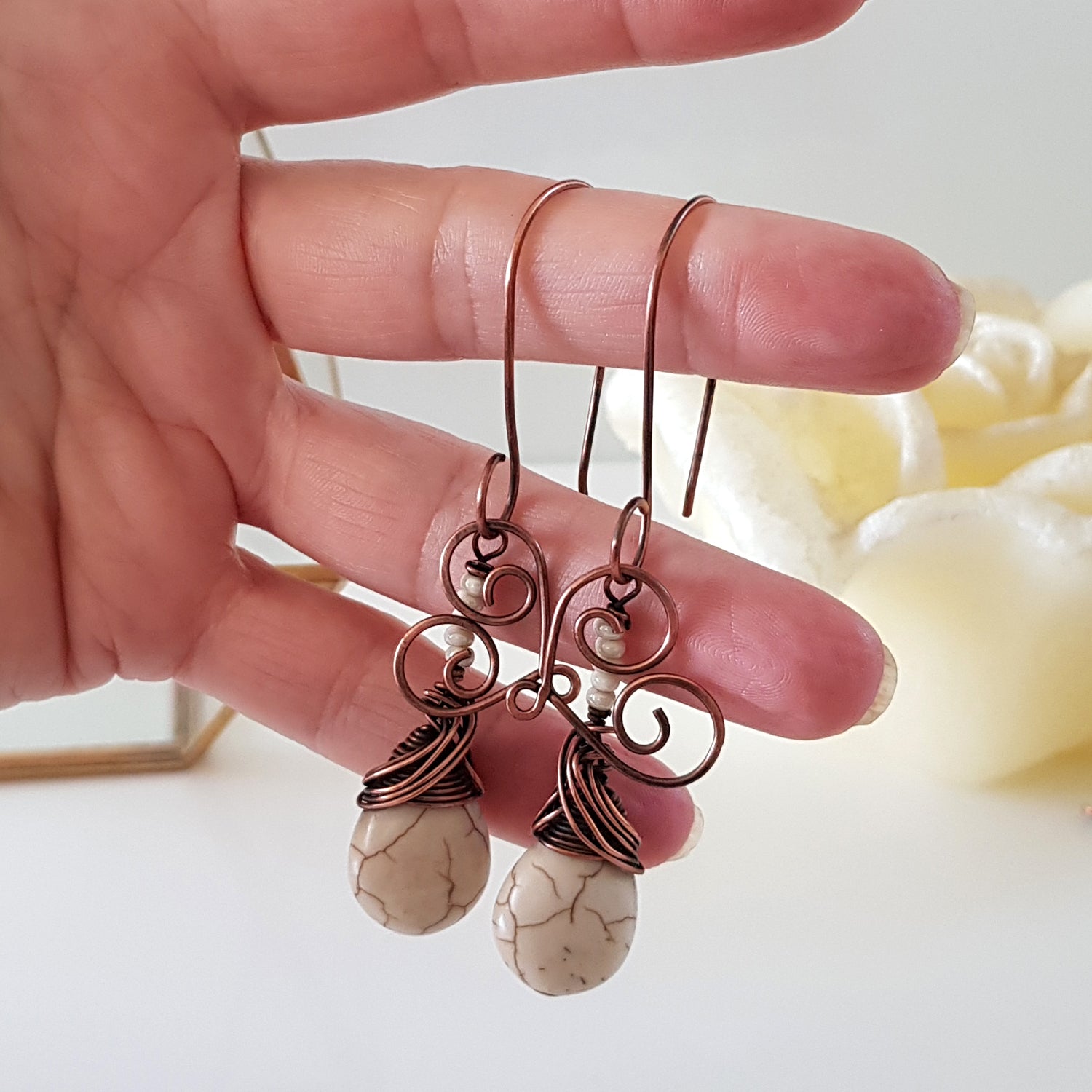 Hanging Hearts - Oxidized Copper Teardrop Howlite | (KJ-397E) Handmade Earrings - Kalitheo Jewellery