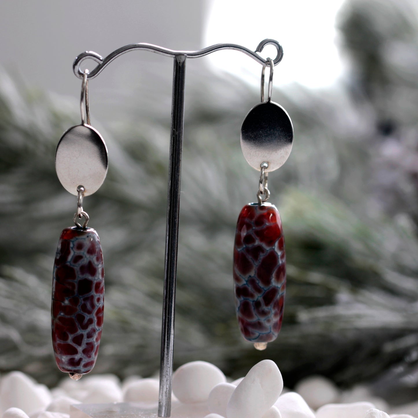 Winterfell Earrings - Beautiful Agate Gemstone Barrel Dangle | KJ-023E | Artisan Earrings - Kalitheo Jewellery