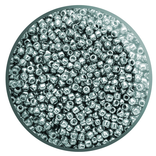 A close-up view of blue slate galvanized round Toho seed beads. 11/0 TR-PF565 in a circle white background.